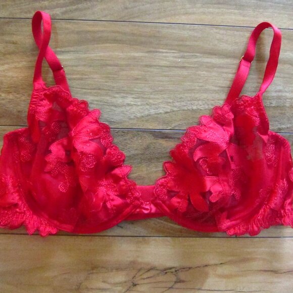 Victoria's Secret Red Low Cut Unlined Floral Lace Plunge Demi Bra size 36C - Picture 1 of 6